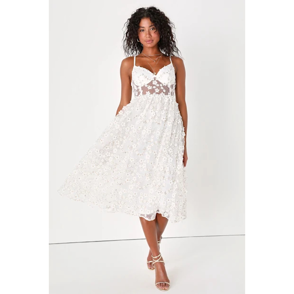 NWT Lulus Darling Romance White Tulle Floral Applique Bustier Midi Dress Sz S